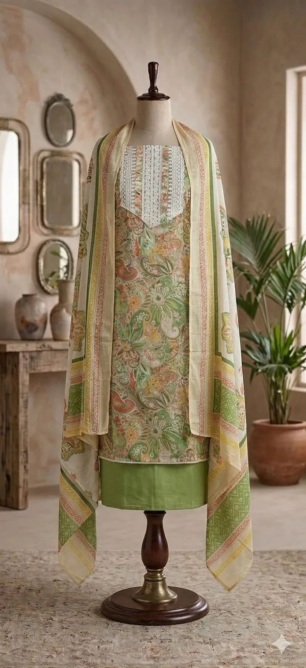 Green_Cotton_Floral_Print_Unstitched_Suit_Set_For_Women