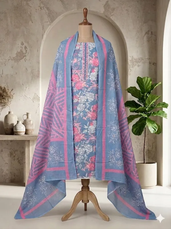 Blue_Cotton_Floral_Embroidered_Unstitched_Suit_Set_For_Women