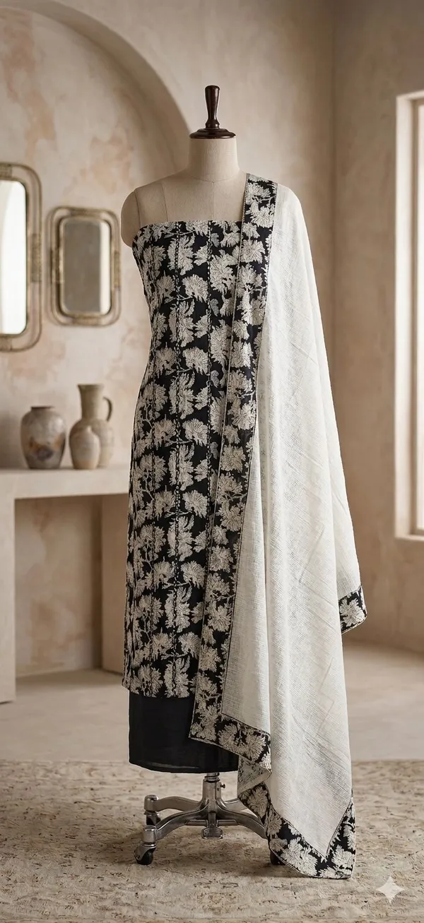 White_Cotton_Floral_Print_Unstitched_Suit_Set_For_Women