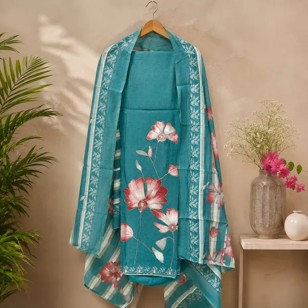 Turquoise_Muslin_Cotton_Floral_Print_Unstitched_Suit_Set_For_Women
