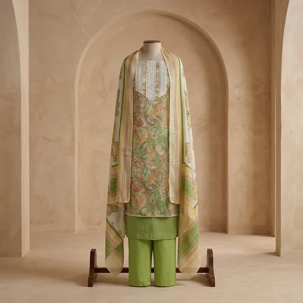 Green_Cotton_Floral_Print_Unstitched_Suit_Set_For_Women