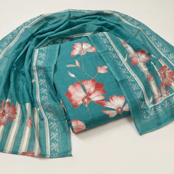 Turquoise_Muslin_Cotton_Floral_Print_Unstitched_Suit_Set_For_Women