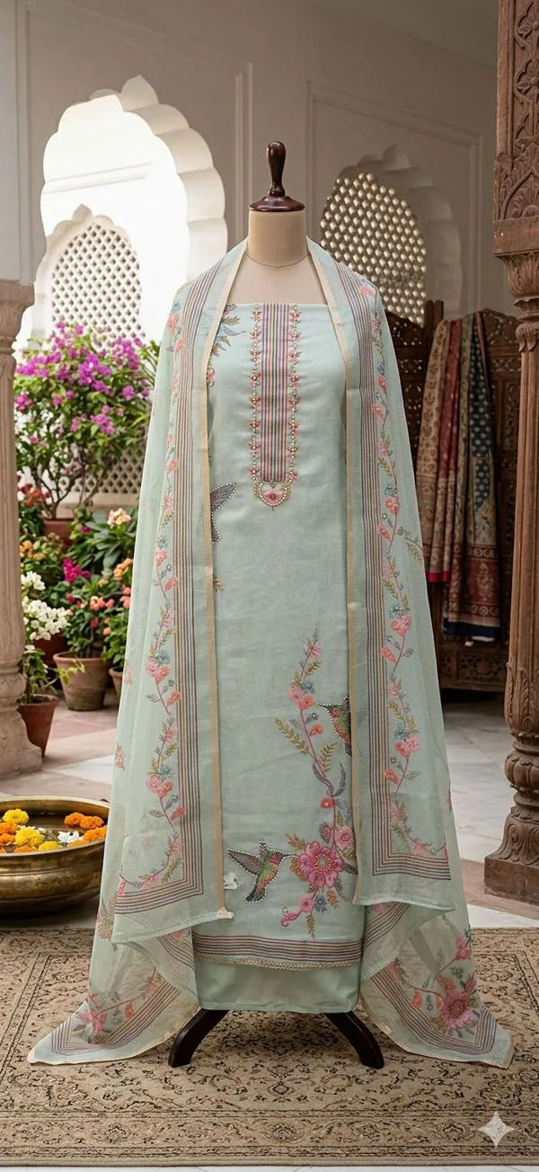 Mint_Green_Shimmer_Maheshwari_Embroidered_Unstitched_Suit_Set_For_Women