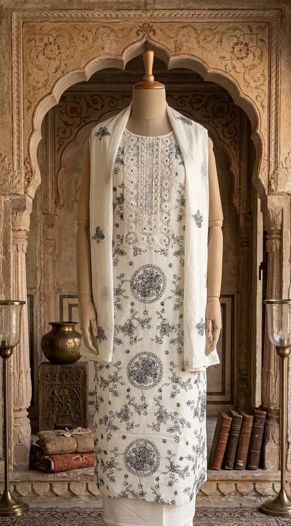 Black_Khadi_Cotton_Thread_Work_Unstitched_Suit_Set_For_Women