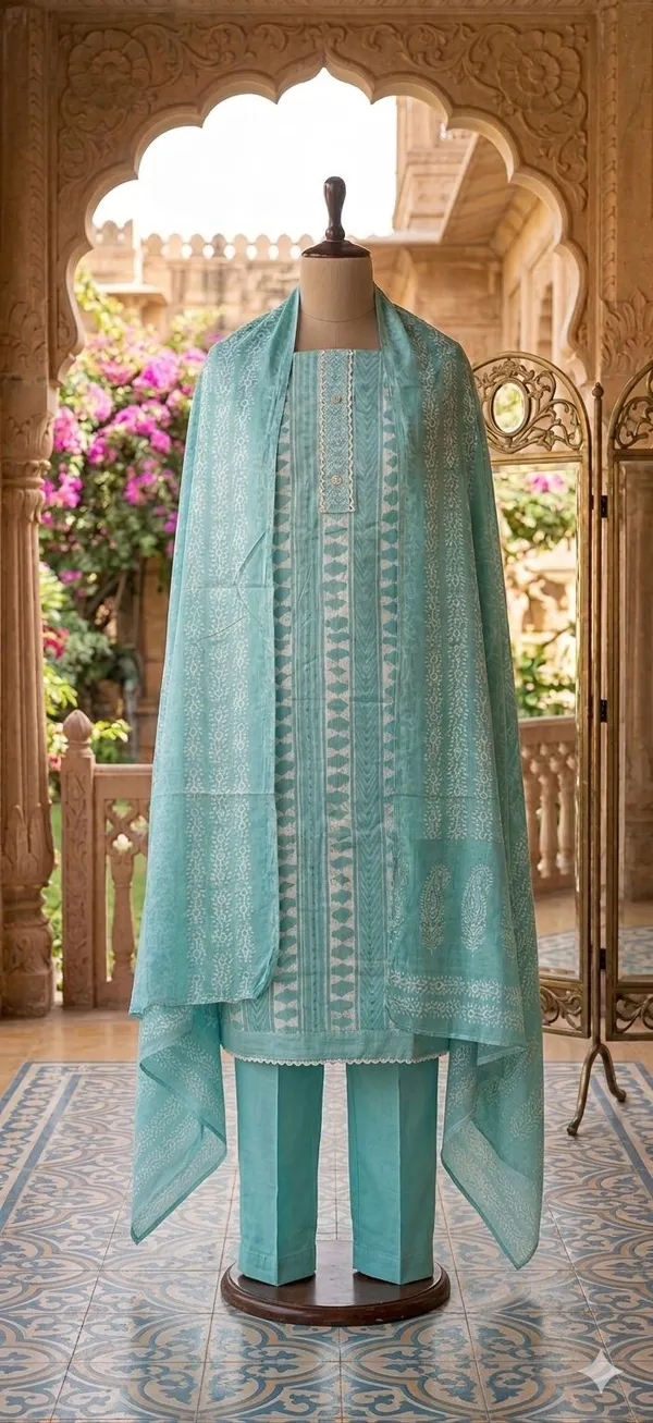 Turquoise_Cambric_Cotton_Chikankari_Unstitched_Suit_Set_For_Women