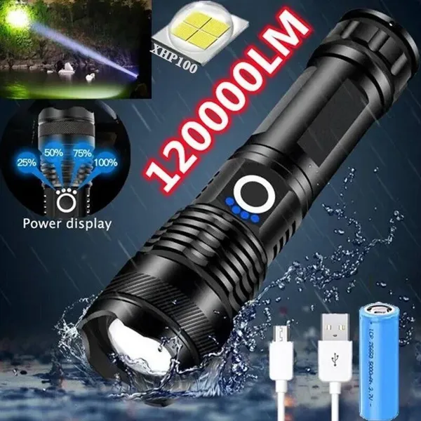 PowerBeam_X100_Rechargeable_LED_Tactical_Flashlight_|_USB_Charging_|_5_Lighting_Modes_|_Zoom_Focus_|_Super_Bright_Metal_Torch_for_Camping,_Emergency_&_Outdoor_Use
