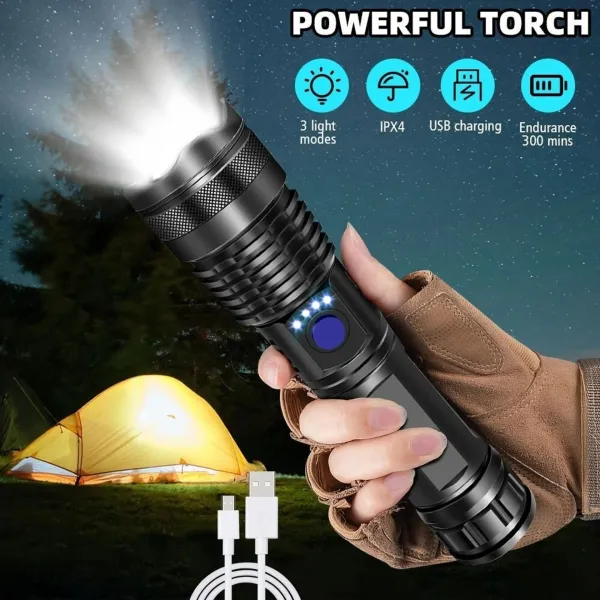 Super_Bright_Rechargeable_LED_Flashlight_Torch_|_USB_Charging_|_Zoom_Focus_|_5_Light_Modes_|_Portable_Emergency_Torch_for_Home,_Camping