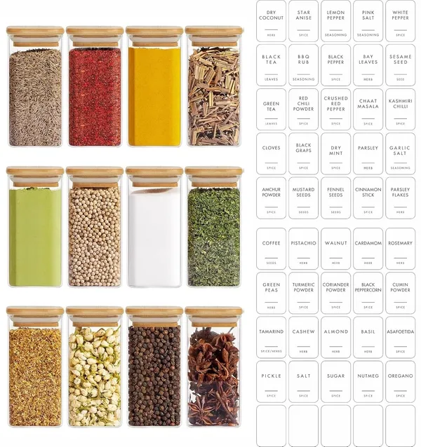 330ml_12oz_12_Piece_Glass_Spice_Jars_Set_With_Bamboo_Lids_White_Vinyl_Printed_Labels_Square_Spice_Jars_For_Kitchen_Storage_And_Organization