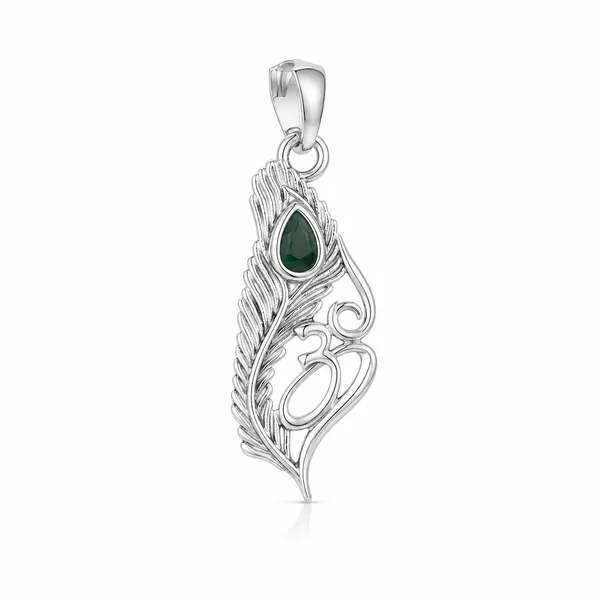 925_Sterling_Silver_Om_Pendant_with_Peacock_Feather_&_Stone_|_Hindu_Religious_Jewelry_|_Spiritual_Gift_for_Men_&_Women_|_Temple_Tales