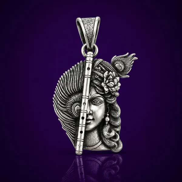 925_Sterling_Silver_Half_Krishna_Face_Pendant_with_Flute_|_Krishna_Religious_Jewelry_|_Spiritual_Gift_for_Men_&_Women_|_Temple_Tales
