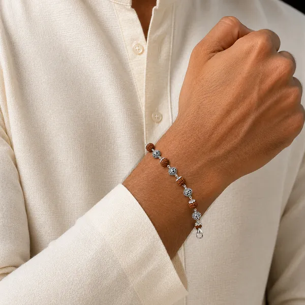 Pinakin_Om_Rudraksh_Bracelet_with_Square_Silver_Beads_|_Temple_Tales