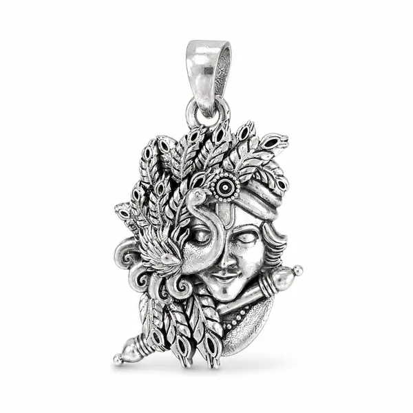 925_Sterling_Silver_Krishna_Face_Pendant_with_Flute_&_Peacock_Feather_|_Krishna_Religious_Jewelry_|_Spiritual_Gift_for_Men_&_Women_|_Temple_Tales