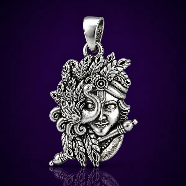 925_Sterling_Silver_Krishna_Face_Pendant_with_Flute_&_Peacock_Feather_|_Krishna_Religious_Jewelry_|_Spiritual_Gift_for_Men_&_Women_|_Temple_Tales