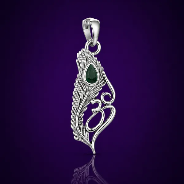 925_Sterling_Silver_Om_Pendant_with_Peacock_Feather_&_Stone_|_Hindu_Religious_Jewelry_|_Spiritual_Gift_for_Men_&_Women_|_Temple_Tales