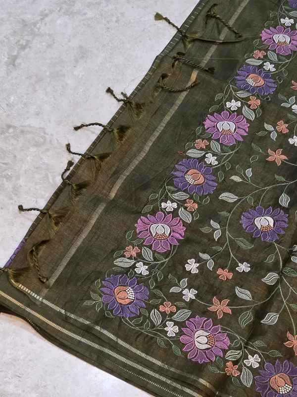 Olive_Green_Tussar_Floral_Embroidered_Saree_For_Women