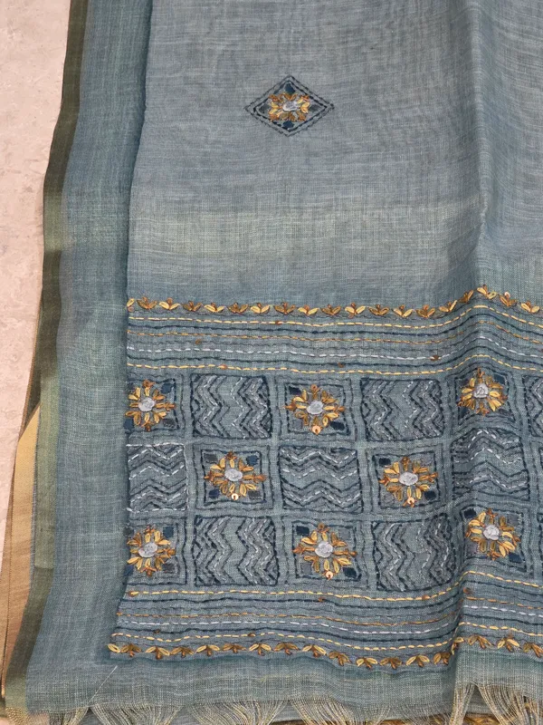 Teal_Blue_Tissue_Linen_Geometric_Embroidered_Saree_For_Women