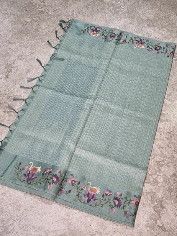 Sage_Green_Tussar_Embroidered_Border_Tassel_Saree_For_Women
