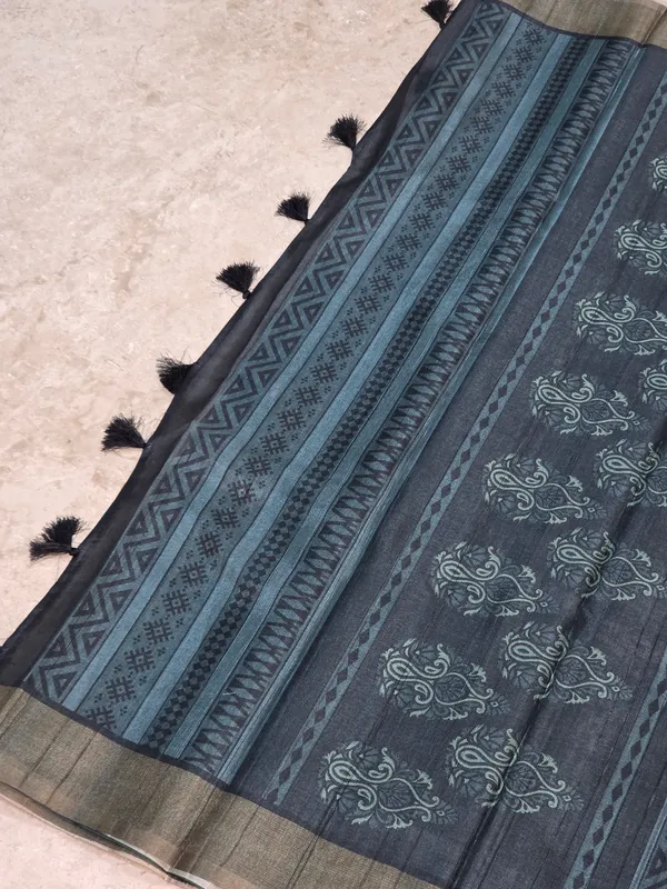 Black_Blue_Semi_Tussar_Printed_Tassel_Saree_For_Women