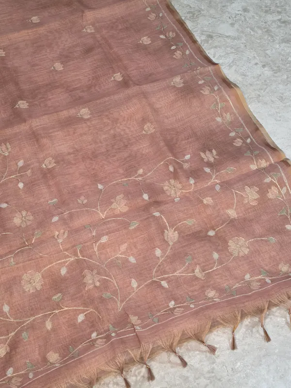 Copper_Brown_Tissue_Linen_Floral_Embroidered_Tassel_Saree_For_Women