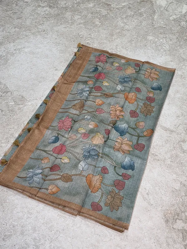 Blue_Grey_Semi_Tusser_Hand-Painted_Lotus_Floral_Saree_For_Women
