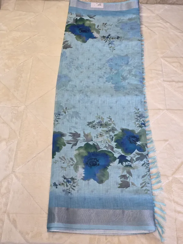 Sky_Blue_Pure_Linen_Floral_Print_Fringed_Saree_For_Women