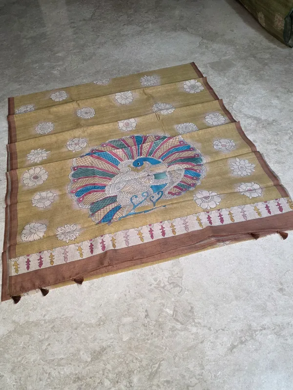Olive_Green_Semi_Tussar_Hand_Painted_Peacock_Saree_For_Women