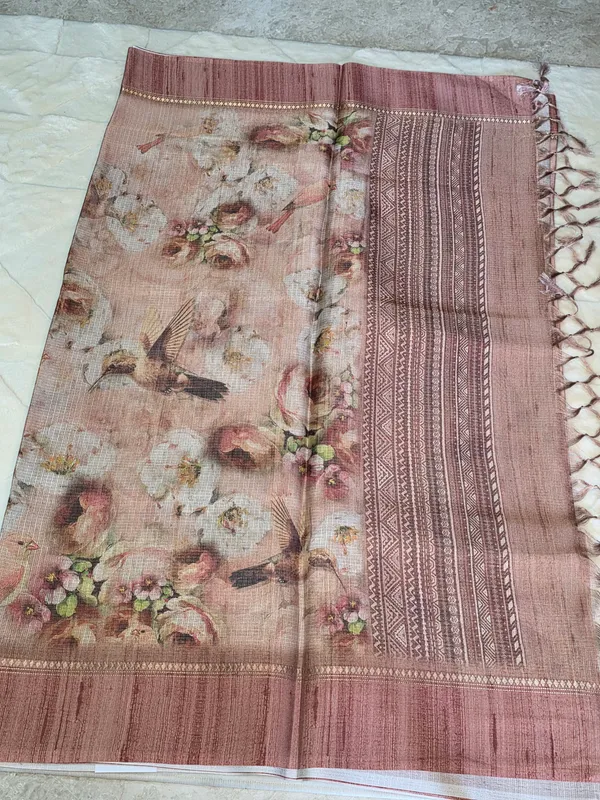 Peach_Pink_Kota_Floral_Print_Tassel_Saree_For_Women