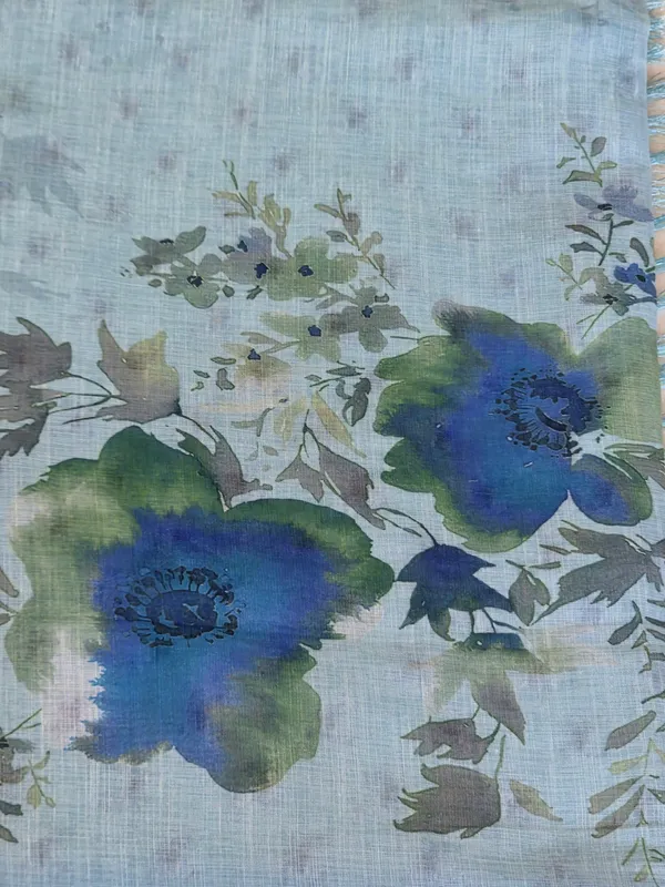 Sky_Blue_Pure_Linen_Floral_Print_Fringed_Saree_For_Women