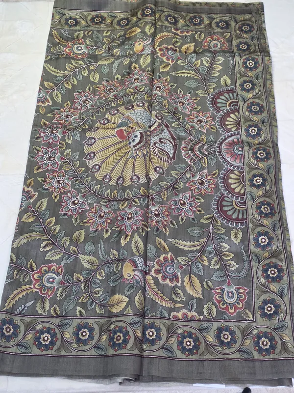 Olive_Green_Tusser_Kalamkari_Paisley_Print_Saree_For_Women