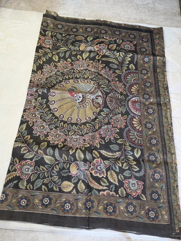 Olive_Green_Tusser_Floral_Print_Saree_For_Women