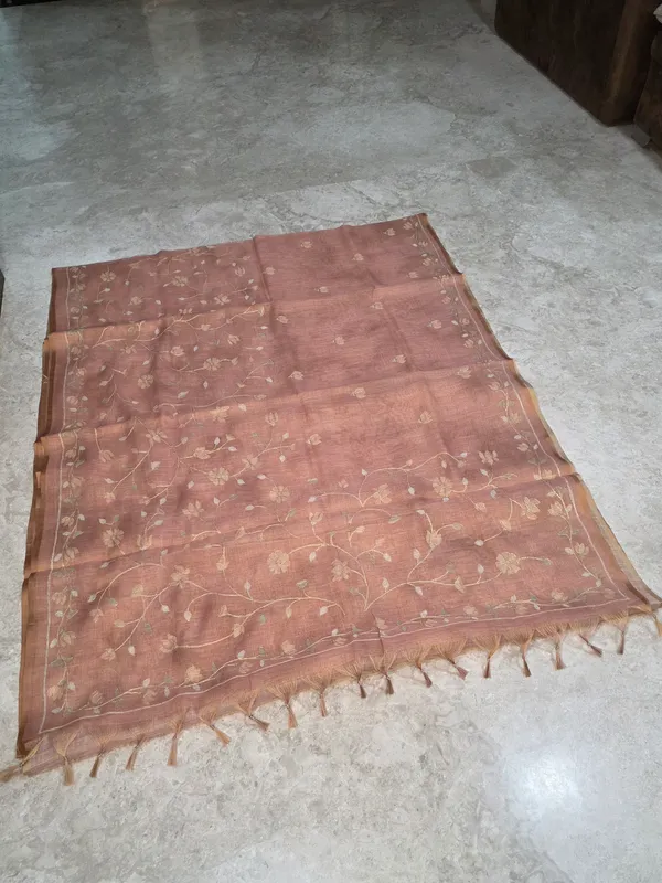 Copper_Brown_Tissue_Linen_Floral_Embroidered_Tassel_Saree_For_Women