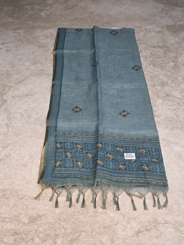 Teal_Blue_Tissue_Linen_Geometric_Embroidered_Saree_For_Women