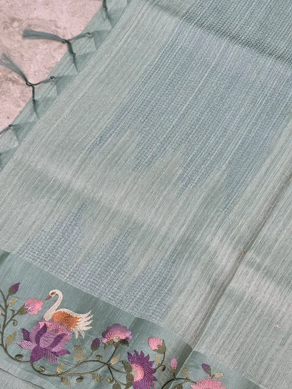 Sage_Green_Tussar_Embroidered_Border_Tassel_Saree_For_Women