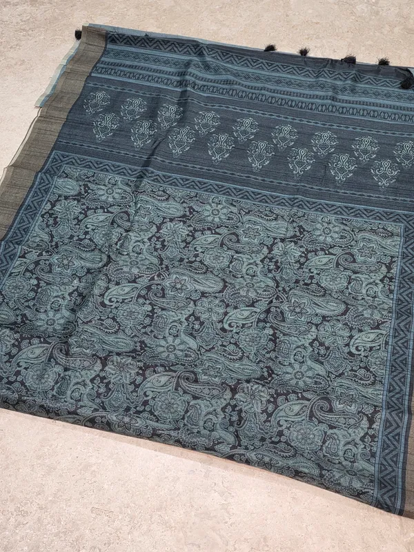 Black_Blue_Semi_Tussar_Printed_Tassel_Saree_For_Women