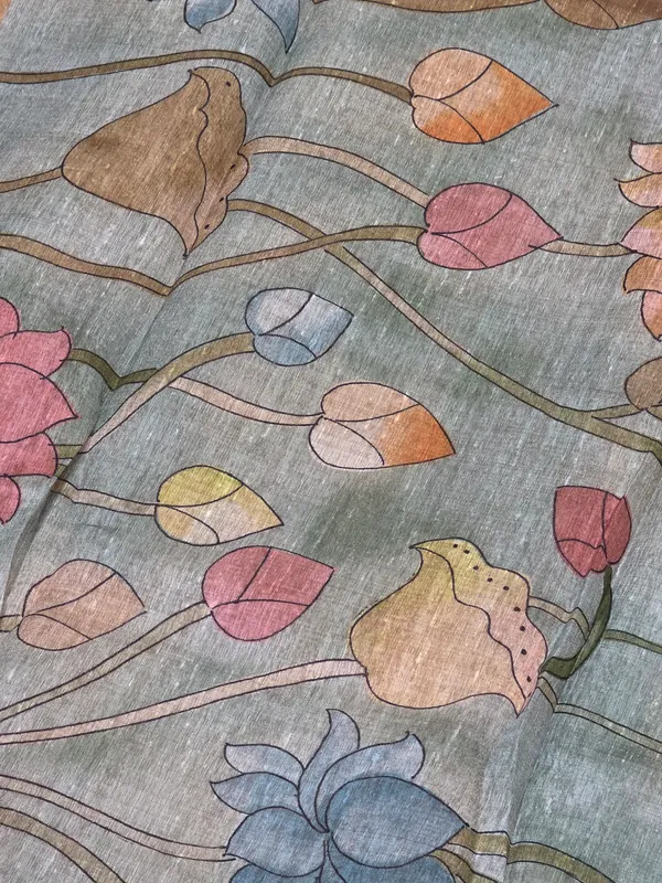 Blue_Grey_Semi_Tusser_Hand-Painted_Lotus_Floral_Saree_For_Women