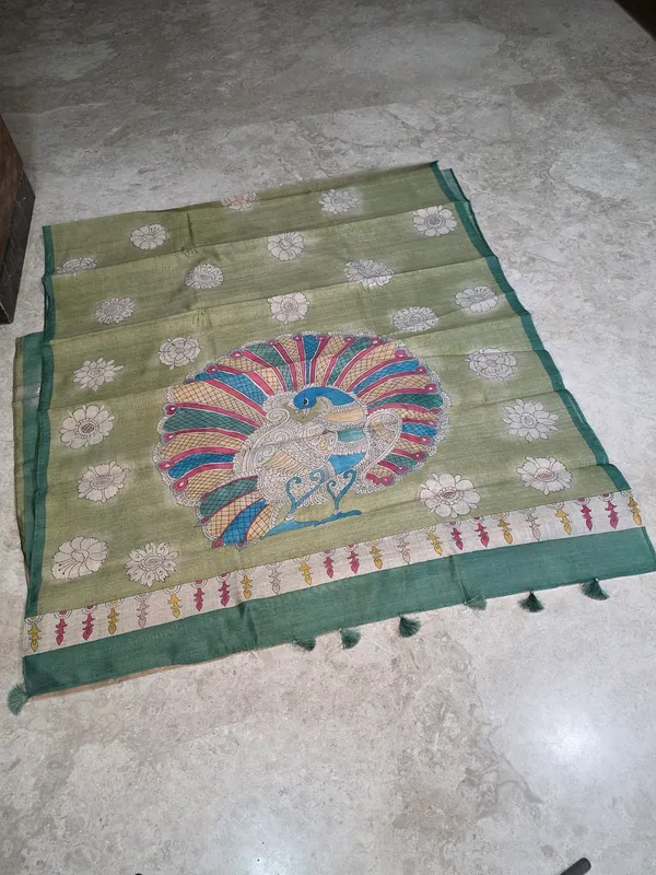 Olive_Green_Semi_Tusser_Hand-Painted_Peacock_Saree_For_Women