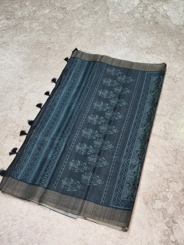 Black_Blue_Semi_Tussar_Printed_Tassel_Saree_For_Women