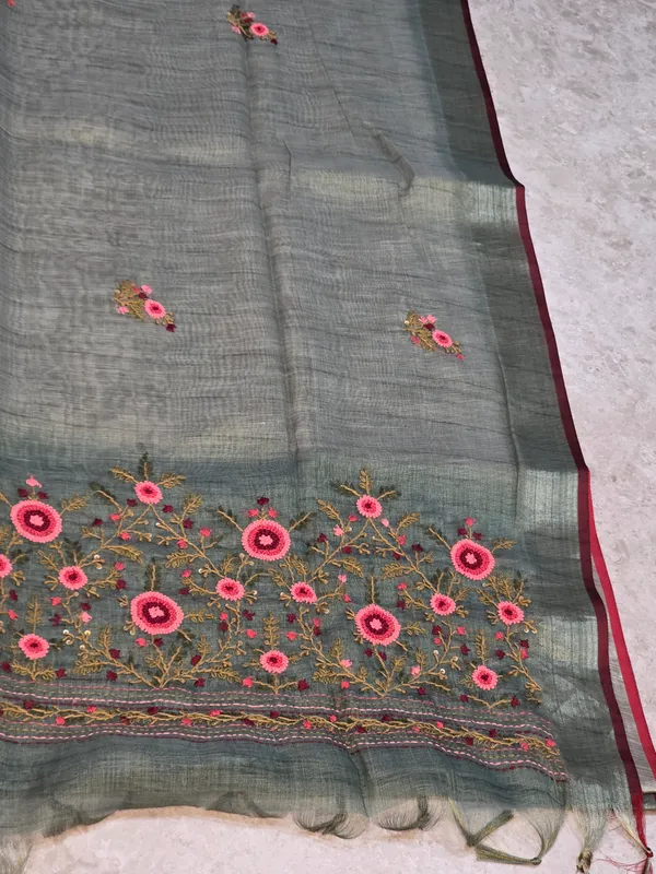 Green_Grey_Tissue_Linen_Floral_Embroidered_Saree_For_Women