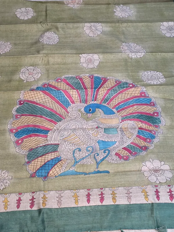 Olive_Green_Semi_Tusser_Hand-Painted_Peacock_Saree_For_Women