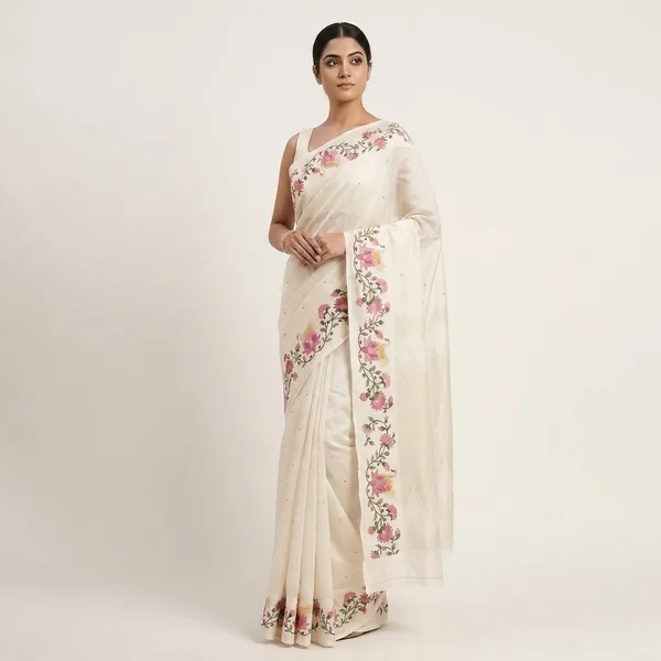 White_Tusser_Floral_Embroidered_Saree_For_Women
