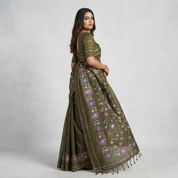 Olive_Green_Tussar_Floral_Embroidered_Saree_For_Women