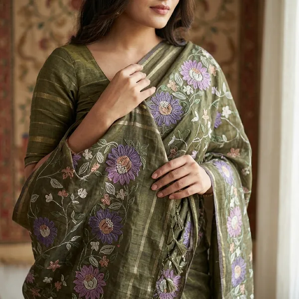 Olive_Green_Tussar_Floral_Embroidered_Saree_For_Women