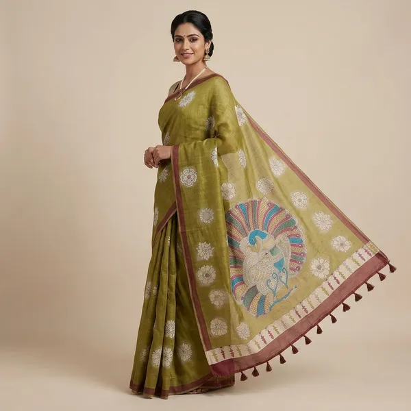 Olive_Green_Semi_Tussar_Hand_Painted_Peacock_Saree_For_Women