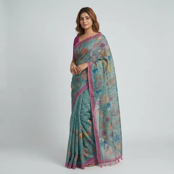 Blue_Semi_Tussar_Floral_Print_Saree_For_Women