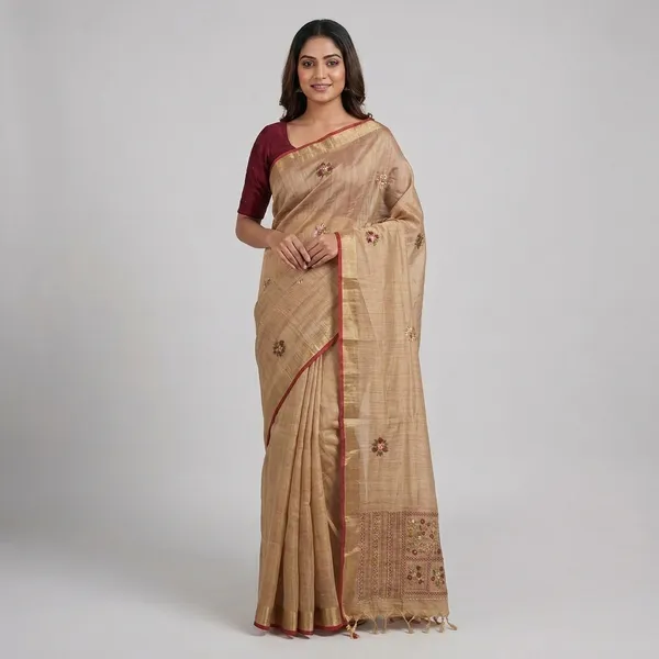 Beige_Tissue_Linen_Floral_Embroidered_Saree_For_Women