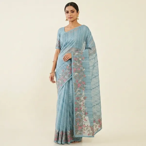 Teal_Blue_Kora_Floral_Bird_Embroidered_Saree_For_Women