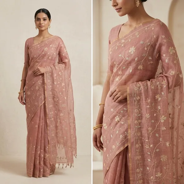Copper_Brown_Tissue_Linen_Floral_Embroidered_Tassel_Saree_For_Women