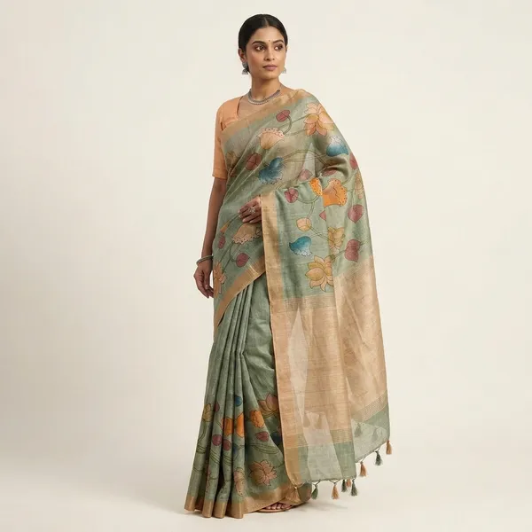 Blue_Grey_Semi_Tusser_Hand-Painted_Lotus_Floral_Saree_For_Women