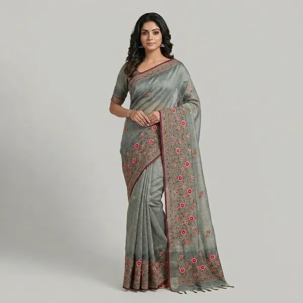 Green_Grey_Tissue_Linen_Floral_Embroidered_Saree_For_Women
