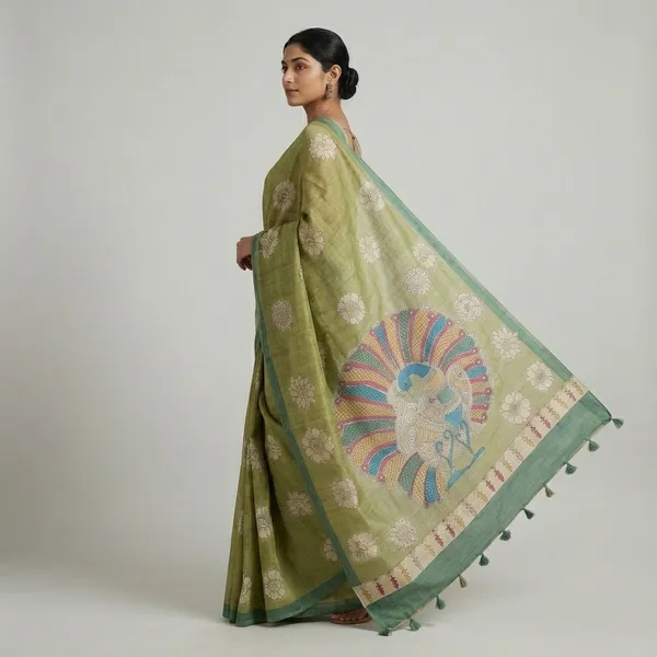 Olive_Green_Semi_Tusser_Hand-Painted_Peacock_Saree_For_Women